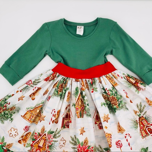 KPea Original Gingerbread Print Green Holiday Christmas Dress Cotton NEW - Picture 8 of 10